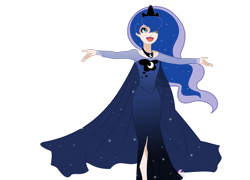 Size: 2885x2078 | Tagged: safe, artist:sugarmoonponyartist, princess luna, human, g4, blue dress, elsa, female, frozen (movie), high res, humanized, let it go, open mouth, queen lunelsa, simple background, solo, transparent background
