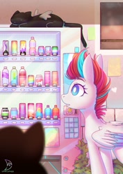 Size: 2480x3508 | Tagged: safe, artist:wavecipher, zipp storm, cat, pegasus, pony, g5, my little pony: a new generation, bottle, can, female, high res, mare, solo, vending machine, white pupils