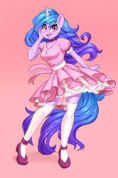 Size: 1000x1507 | Tagged: safe, artist:dstears, izzy moonbow, unicorn, anthro, plantigrade anthro, g5, my little pony: a new generation, adorasexy, blushing, choker, clothes, cute, dress, female, frilly, frilly dress, gradient background, gradient mane, happy, high heels, izzybetes, legs, looking at you, open mouth, open smile, pink dress, pose, sexy, shoes, smiling, smiling at you, socks, solo, thigh highs, thighs, windswept mane, zettai ryouiki