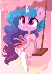 Size: 2480x3508 | Tagged: safe, artist:sakukitty, izzy moonbow, unicorn, anthro, unguligrade anthro, g5, my little pony: a new generation, clothes, cute, dress, female, happy, high res, izzybetes, smiling, solo, swing