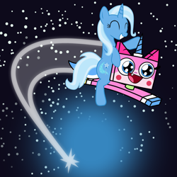 Size: 1920x1920 | Tagged: safe, artist:grapefruit-face, trixie, pony, unicorn, g4, ^^, base used, blue oyster cult, crossover, eyes closed, female, flying, lego, mare, remastered, show accurate, space, the lego movie, unikitty, unikitty!, updated