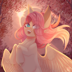 Size: 2072x2060 | Tagged: safe, artist:elektra-gertly, fluttershy, pegasus, pony, g4, fangs, high res, open mouth, solo, tree