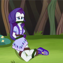 Size: 2000x2000 | Tagged: safe, artist:splendidbondage, rarity, equestria girls, ankle tied, bondage, bound and gagged, clothes, dress, forest, gag, high res, solo, vine