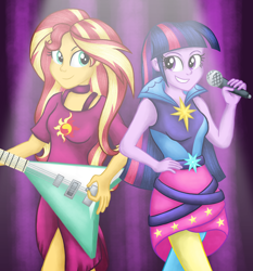 Size: 2148x2308 | Tagged: safe, artist:deannaphantom13, sunset shimmer, twilight sparkle, equestria girls, equestria girls series, g4, my little pony equestria girls: rainbow rocks, spring breakdown, spoiler:eqg series (season 2), clothes, duo, duo female, electric guitar, female, flying v, guitar, high res, looking at each other, looking at someone, microphone, musical instrument