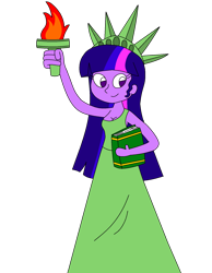 Size: 1396x1800 | Tagged: safe, artist:rarity525, twilight sparkle, equestria girls, g4, book, breasts, cleavage, clothes, female, simple background, solo, statue of liberty, toga, torch, transparent background