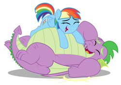 Size: 1280x899 | Tagged: safe, artist:aleximusprime, rainbow dash, spike, dragon, pegasus, pony, g4, chubby, duo, eyes closed, fat, fat spike, laughing, lying down, lying on top of someone, older, older rainbow dash, older spike, on back, open mouth, screencap reference, simple background, transparent background