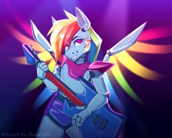 Size: 4096x3276 | Tagged: safe, artist:buvanybu, rainbow dash, pegasus, robot, anthro, g4, animatronic, electric guitar, five nights at freddy's, five nights at freddy's: security breach, grin, guitar, musical instrument, smiling, solo