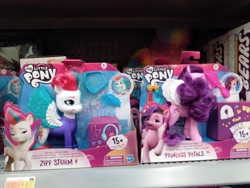 Size: 4160x3120 | Tagged: safe, pipp petals, zipp storm, pegasus, pony, g5, my little pony: a new generation, accessory, care bears, duo focus, hasbro, irl, looking at you, merchandise, my little pony logo, photo, spread wings, toy, walmart, wings