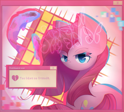 Size: 2284x2062 | Tagged: safe, artist:miryelis, pinkie pie, butterfly, earth pony, fish, pony, g4, aesthetics, computer icon, cute, cuteamena, error, glitch, heart, high res, looking at you, looking back, pinkamena diane pie, solo, straight hair, text, vaporwave, webcore