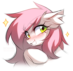 Size: 820x802 | Tagged: safe, artist:kirionek, oc, oc only, oc:sugar morning, pony, blushing, bust, ear fluff, eye clipping through hair, eyebrows, eyebrows visible through hair, eyelashes, female, grin, looking at you, mare, simple background, smiling, smiling at you, solo, white background