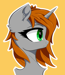 Size: 2793x3204 | Tagged: safe, artist:itchystomach, oc, oc only, oc:littlepip, pony, unicorn, fallout equestria, brown mane, bust, cel shading, ear fluff, eyelashes, female, green eyes, high res, horn, mare, orange background, outline, shading, simple background, solo, unicorn oc, white outline