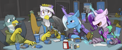 Size: 3220x1325 | Tagged: safe, artist:sinrar, gabby, gilda, starlight glimmer, trixie, griffon, pony, unicorn, amputee, artificial wings, augmented, beak bite, beanie, burger, clothes, cyberpunk, food, french fries, group, hamburger, hat, hoodie, jacket, ketchup, paper crown, prosthetic limb, prosthetic wing, prosthetics, restaurant, sauce, soda, wings