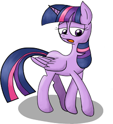 Size: 1245x1360 | Tagged: safe, artist:retroneb, twilight sparkle, alicorn, pony, g4, female, folded wings, full body, horn, looking down, mare, multicolored mane, multicolored tail, open mouth, purple eyes, shadow, simple background, solo, tail, transparent background, twilight sparkle (alicorn), walking, wings