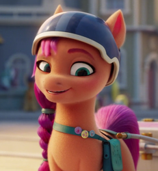 Size: 740x800 | Tagged: safe, screencap, sunny starscout, earth pony, pony, g5, my little pony: a new generation, spoiler:my little pony: a new generation, cropped, female, helmet, looking down, mare, raised eyebrow, smiling, solo focus