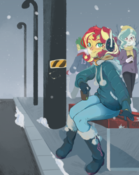 Size: 2000x2517 | Tagged: safe, artist:slowpoke, sunset shimmer, human, equestria girls, g4, background human, beanie, bench, blushing, boots, breath, clothes, coat, coffee cup, cup, earmuffs, female, hat, high res, scarf, shoes, smiling, snow, winter hat, winter outfit