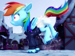 Size: 2880x2160 | Tagged: safe, artist:psfmer, rainbow dash, pegasus, pony, g4, 3d, butt, clothes, cold, floppy ears, high res, jacket, nose wrinkle, plot, ponyville, rainbutt dash, revamped ponies, scrunchy face, shrunken pupils, snow, snowball, snowball fight, solo, source filmmaker, this will end in pain and/or death, unshorn fetlocks, we don't normally wear clothes, winter outfit