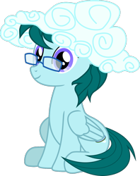 Size: 984x1245 | Tagged: safe, artist:yoshimon1, derpibooru exclusive, oc, oc only, oc:cloudy bits, pegasus, pony, cloud, female, folded wings, full body, glasses, hat, mare, pegasus oc, show accurate, simple background, sitting, smiling, solo, sun hat, three quarter view, transparent background, wings