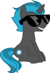 Size: 924x1361 | Tagged: safe, artist:yoshimon1, derpibooru exclusive, oc, oc only, oc:shimmer scroll, pony, unicorn, full body, glasses, grin, horn, male, show accurate, simple background, sitting, smiling, solo, stallion, sunglasses, tail, three quarter view, transparent background, two toned mane, two toned tail, unicorn oc