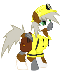 Size: 2800x3000 | Tagged: safe, artist:ponkus, oc, oc only, oc:carty, earth pony, pony, bag, clothes, earth pony oc, full body, green eyes, hard hat, hat, helmet, high res, hoof fluff, jacket, male, pickaxe, saddle bag, show accurate, simple background, smiling, solo, stallion, standing, tail, three quarter view, transparent background