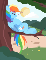 Size: 1692x2224 | Tagged: safe, artist:cinnamontee, rainbow dash, pegasus, pony, backwards cutie mark, eyebrows, eyebrows visible through hair, eyes closed, female, lineless, mare, onomatopoeia, sleeping, smiling, solo, sound effects, tree, tree branch, zzz