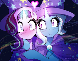 Size: 1920x1490 | Tagged: safe, artist:walliscolours, starlight glimmer, trixie, pony, unicorn, g4, blushing, cape, clothes, cute, diatrixes, duo, female, frown, glowing, glowing horn, hat, horn, hug, lesbian, mare, ship:startrix, shipping, smiling, trixie's cape, trixie's hat