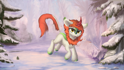 Size: 4687x2635 | Tagged: safe, artist:wevepon3, autumn blaze, kirin, g4, cloven hooves, cute, fluffy, forest, kirinbetes, looking at you, snow, solo, tongue out, tree, water, winter