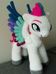 Size: 1588x2117 | Tagged: safe, artist:alilycrochet, zipp storm, pegasus, pony, g5, my little pony: a new generation, crochet, eyebrows, female, irl, mare, photo, plushie, smiling, solo, spread wings, standing, wings