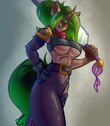 Size: 3500x4000 | Tagged: safe, artist:witchtaunter, oc, oc only, oc:nymphaea, unicorn, anthro, art trade, breasts, clothes, ear fluff, female, gradient background, looking at you, muscles, muscular female, scarf, smiling, smiling at you, smirk, solo, sword, underboob, weapon