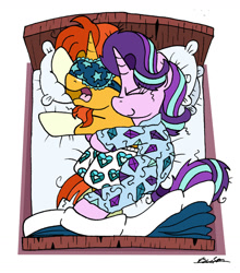 Size: 1024x1162 | Tagged: safe, artist:bobthedalek, starlight glimmer, sunburst, pony, unicorn, g4, bed, clothes, cuddling, cute, duo, eyes closed, female, glim glam's jim jams, glimmerbetes, heart, heart print underwear, kite, lying down, male, mare, on side, open mouth, pajamas, ship:starburst, shipping, simple background, sleep mask, sleeping, smiling, spooning, stallion, straight, sunbetes, that pony sure does love kites, underwear, white background