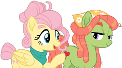 Size: 3527x1968 | Tagged: safe, artist:cirillaq, fluttershy, tree hugger, earth pony, pegasus, pony, g4, alternate hairstyle, female, mare, ship:flutterhugger, shipping, simple background, transparent background, vector