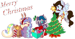 Size: 5708x3000 | Tagged: safe, artist:kb-gamerartist, oc, oc only, oc:elizabat stormfeather, oc:krissy, oc:mish-mash, alicorn, bat pony, bat pony alicorn, pegasus, pony, alicorn oc, amputee, animal costume, antlers, artificial wings, augmented, bandage, bat pony oc, bat wings, bell, bell collar, box, choker, christmas, christmas lights, christmas sweater, christmas tree, clothes, collar, costume, cute, ear piercing, earring, eyes closed, eyeshadow, fake antlers, female, flying, freckles, heart, holiday, holly, holly mistaken for mistletoe, horn, jewelry, makeup, mare, markings, open mouth, piercing, prosthetic limb, prosthetic wing, prosthetics, reindeer antlers, reindeer costume, simple background, snowman, socks, stockings, striped socks, sweater, thigh highs, transparent background, tree, trio, uwu, wings