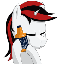 Size: 805x899 | Tagged: safe, artist:enteryourponyname, oc, oc only, oc:blackjack, pony, unicorn, fallout equestria, fallout equestria: project horizons, alcohol, holding, horn, simple background, small horn, smiling, solo, whiskey, white background, wild pegasus