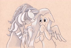 Size: 5034x3433 | Tagged: safe, artist:peruserofpieces, fluttershy, pegasus, pony, g4, bunny ears, clothes, female, floppy ears, hat, mare, partially open wings, pencil drawing, smiling, socks, toned paper, traditional art, wings