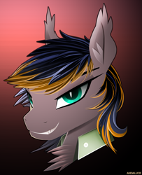 Size: 1847x2273 | Tagged: safe, artist:andaluce, oc, oc:black night, bat pony, bust, chest fluff, clothes, ear fluff, fangs, gradient background, smiling, smirk, solo