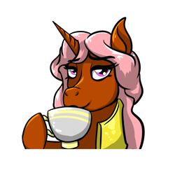 Size: 1500x1500 | Tagged: safe, artist:ghouleh, oc, oc only, oc:bitter delight, pony, unicorn, armor, cup, drinking, drinking tea, eyebrows, female, guardsmare, horn, looking at you, mare, plate, royal guard, simple background, smiling, smirk, solo, transparent background, unicorn oc