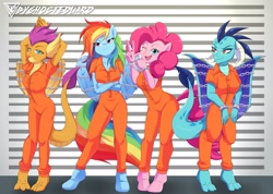 Size: 2700x1920 | Tagged: safe, artist:byghosteduard, pinkie pie, princess ember, rainbow dash, smolder, dragon, earth pony, pegasus, anthro, digitigrade anthro, unguligrade anthro, g4, clothes, cuffed, dragoness, female, one eye closed, prison outfit, prisoner ember, prisoner rd, prisoner smolder, smiling, unamused, varying degrees of want, wink