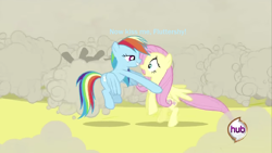 Size: 1366x768 | Tagged: safe, edit, edited screencap, screencap, fluttershy, rainbow dash, changeling, pegasus, pony, a canterlot wedding, g4, season 2, applejack's hat, cowboy hat, duo, eyes closed, flying, gritted teeth, hat, hub logo, hug, hugging a pony, implied flutterdash, implied lesbian, implied shipping, logo, midair, shadow, text edit, the hub, this will end in kisses