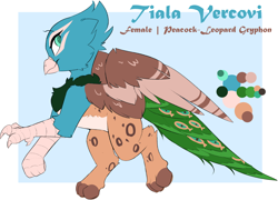 Size: 2742x1977 | Tagged: safe, artist:beardie, oc, oc only, oc:tiala vercovi, big cat, bird, griffon, hybrid, leopard, peacock, colored pupils, female, folded wings, griffon oc, paws, peacock feathers, reference sheet, smiling, solo, wings