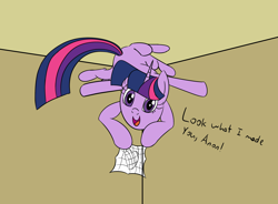 Size: 2572x1896 | Tagged: safe, artist:librarylonging, twilight sparkle, monster pony, original species, pony, spider, spiderpony, unicorn, g4, female, heart, implied anon, looking at you, multiple legs, multiple limbs, purple coat, purple eyes, solo, species swap, spider web, twispider, wat