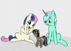 Size: 1540x1101 | Tagged: safe, artist:librarylonging, bon bon, lyra heartstrings, sweetie drops, oc, earth pony, pony, unicorn, yakutian horse, g4, blushing, excited, smiling, smol, snow, snowpony, trio