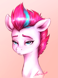 Size: 1381x1845 | Tagged: safe, artist:buttersprinkle, zipp storm, pegasus, pony, g5, my little pony: a new generation, eyebrows, eyelashes, female, lidded eyes, mare, signature, simple background, solo, unamused