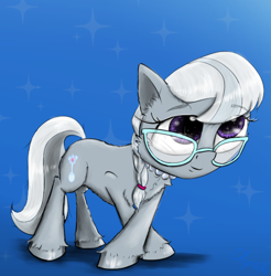 Size: 2000x2032 | Tagged: safe, artist:chopsticks, silver spoon, earth pony, pony, g4, cheek fluff, chest fluff, crossed hooves, curtsey, cute, ear fluff, eyebrows, eyebrows visible through hair, female, filly, foal, glasses, high res, jewelry, looking up, necklace, pearl necklace, silverbetes, smiling, solo, unshorn fetlocks