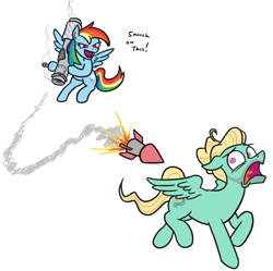 Size: 856x853 | Tagged: safe, artist:jargon scott, rainbow dash, zephyr breeze, pegasus, pony, g4, duo, female, male, mare, rocket, rocket launcher, running, simple background, stallion, this will end in explosions, white background