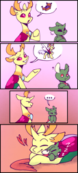 Size: 467x1024 | Tagged: safe, artist:paintedsnek, thorax, oc, oc:apex (kolb), changedling, changeling, fanfic:the king of love bugs, g4, ..., comic, cuddling, cute, floppy ears, head shake, king thorax, onomatopoeia, papa thorax, pouting, simple background, sound effects, thorabetes, thought bubble, zzz