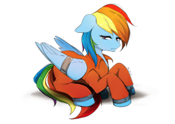 Size: 1430x1010 | Tagged: safe, artist:skyeypony, rainbow dash, pegasus, pony, g4, clothes, crying, cuffed, cuffs, floppy ears, prison outfit, prisoner, prisoner rd, sad, shackles, wing cuffs, wings