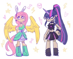 Size: 1720x1380 | Tagged: safe, artist:redxbacon, fluttershy, twilight sparkle, human, g4, alternate hairstyle, breasts, bunny ears, choker, cleavage, clothes, dress, duo, emo twilight, female, frown, horn, horned humanization, humanized, midriff, punk, skirt, spiked choker, spiked wristband, tail, tailed humanization, winged humanization, wings, wristband