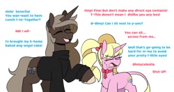 Size: 1713x907 | Tagged: safe, artist:redxbacon, oc, oc only, oc:eureka, oc:parch well, pony, unicorn, clothes, height difference, implied lesbian, ribbon, sweater, talking, tsundere