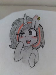 Size: 3120x4160 | Tagged: safe, artist:seylan, oc, oc only, pony, unicorn, blushing, simple background, solo, traditional art