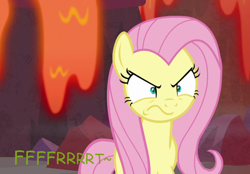 Size: 872x608 | Tagged: safe, edit, edited screencap, editor:thedarkpony, screencap, fluttershy, pegasus, pony, g4, sweet and smoky, angry, fart, fart edit, fart noise, female, lava, mare, sound effects