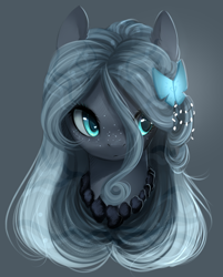 Size: 758x944 | Tagged: safe, artist:dammmnation, oc, oc only, oc:raina, original species, pond pony, pony, bust, closed species, ear fluff, female, freckles, gray background, hair accessory, hair over one eye, hairclip, jewelry, looking away, looking to the right, mare, necklace, portrait, simple background, solo, stray strand